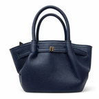 Navy blue handbag with a gold clasp on a white background