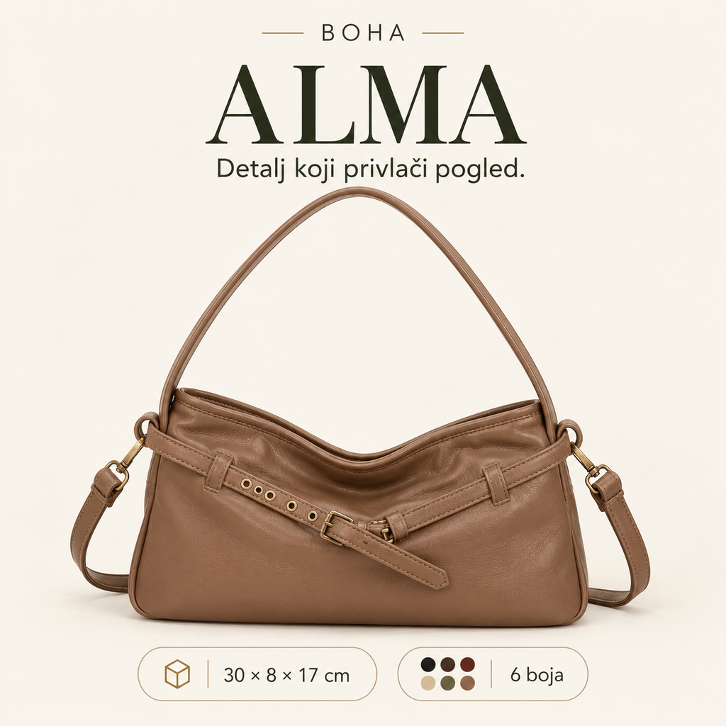 BOHA ALMA — kamel torba sa ukrasnim kaišićem, dimenzije 30 × 8 × 17 cm, šest boja.