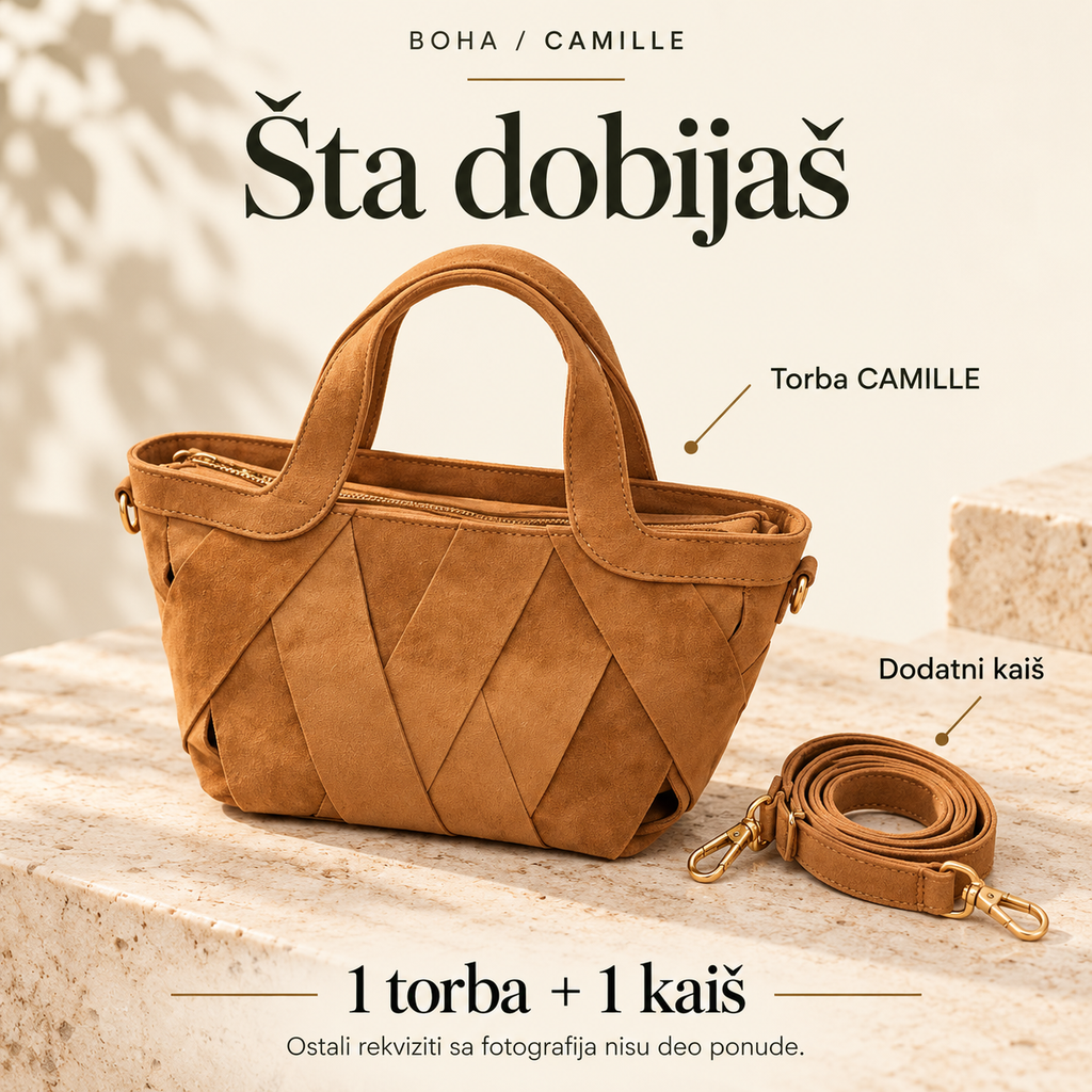 CAMILLE — sadržaj pakovanja: jedna torba i jedan dodatni kaiš; ostali rekviziti nisu uključeni.