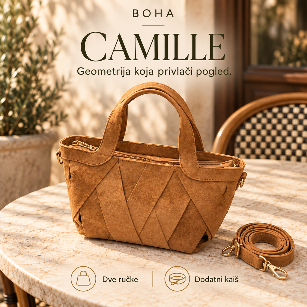 BOHA CAMILLE — kamel torba sa geometrijskim dezenom, dve kratke ručke i dodatnim kaišem.