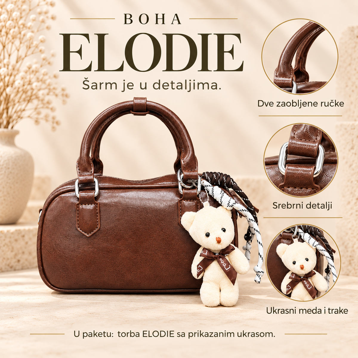ELODIE — dve zaobljene ručke, srebrni detalji, ukrasni meda i trake.