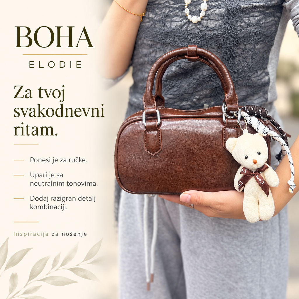 ELODIE — inspiracija za nošenje braon torbe uz neutralnu garderobu.