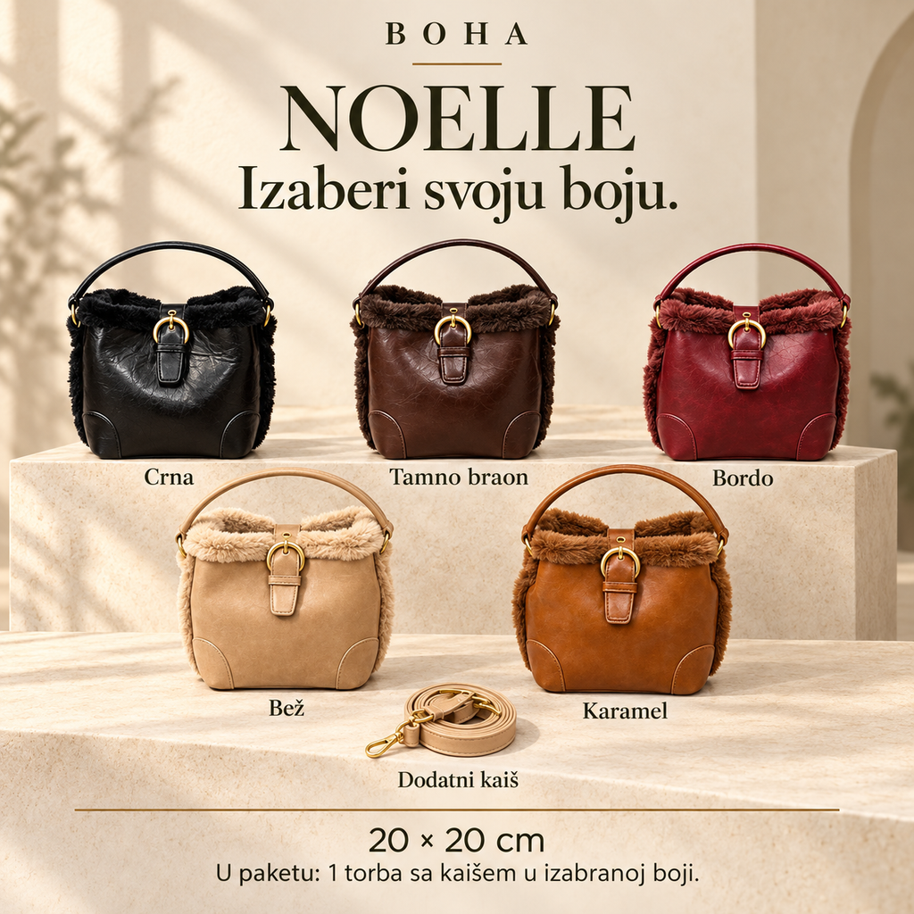 NOELLE L-895 — crna, tamno braon, bordo, bež i karamel; jedna torba i dodatni kaiš u izabranoj boji.