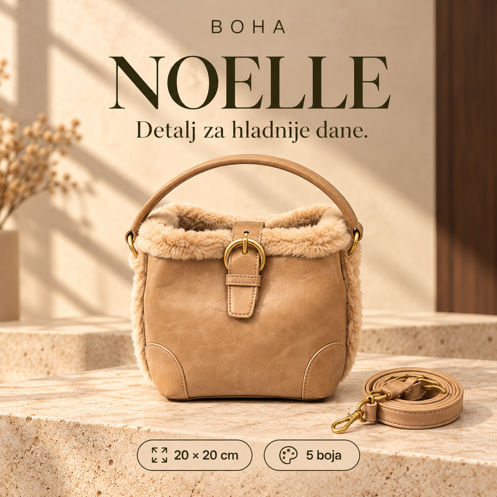 BOHA NOELLE — bež torba sa dekorativnim obrubom i zlatnom kopčom, 20 × 20 cm, pet boja.