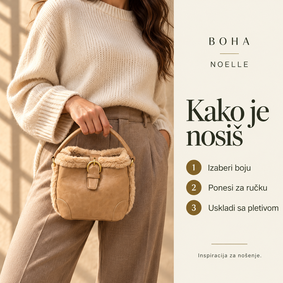NOELLE u bež boji — inspiracija za nošenje za kratku ručku uz pletivo.