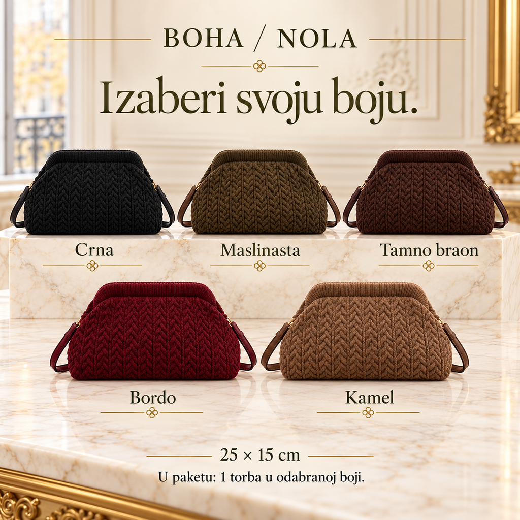 NOLA — crna, maslinasta, tamno braon, bordo i kamel; u paketu jedna torba u izabranoj boji.