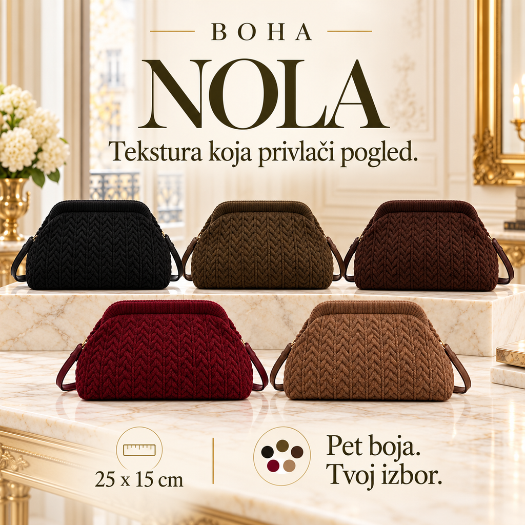 BOHA NOLA — torba sa pletenom teksturom, dimenzije 25 × 15 cm, pet boja.