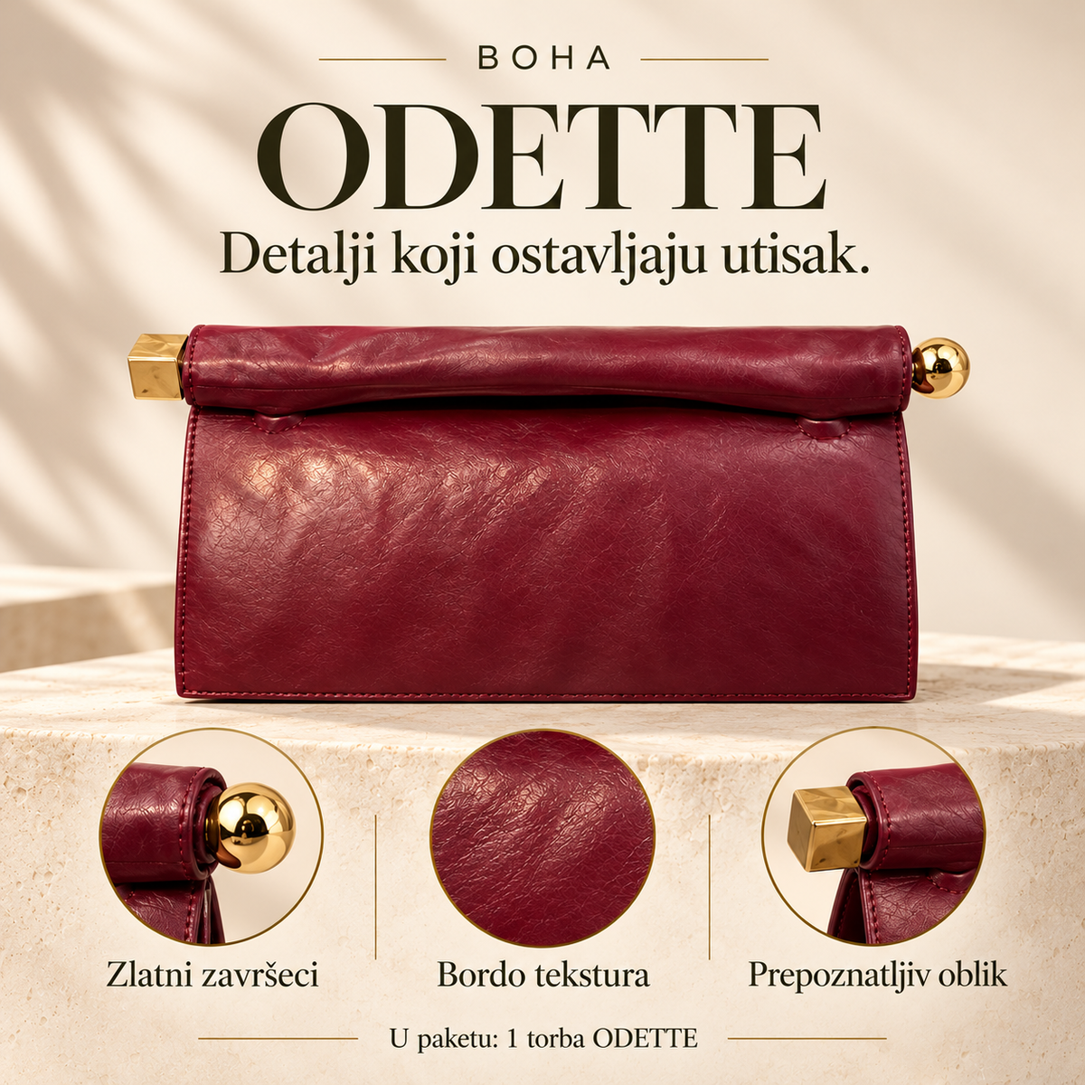 ODETTE — zlatni završeci, bordo tekstura i sadržaj pakovanja: jedna torba.