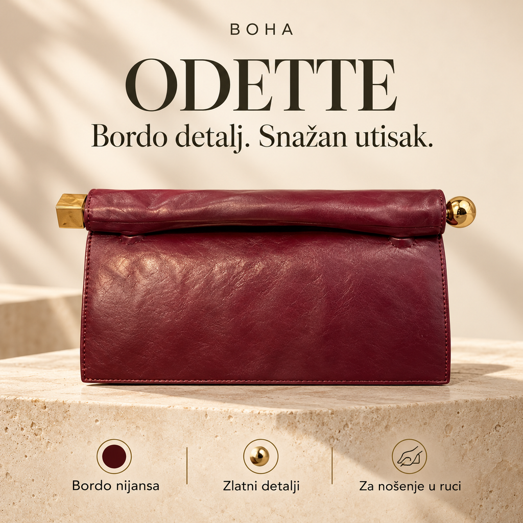 BOHA ODETTE — bordo torba sa zlatnim detaljima, za nošenje u ruci.