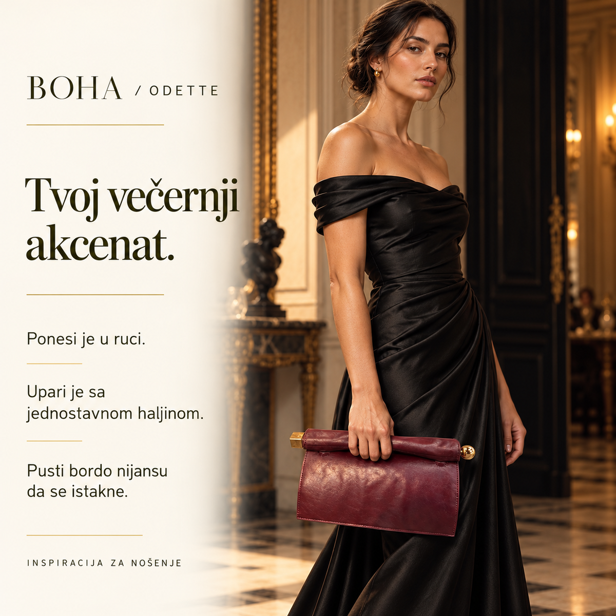 ODETTE — inspiracija za nošenje bordo torbe uz elegantnu crnu haljinu.