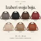 SIENA L9024 — siva, crna, tamno braon, bordo, bež, kamel i karamel; u paketu jedna torba sa kaišem.