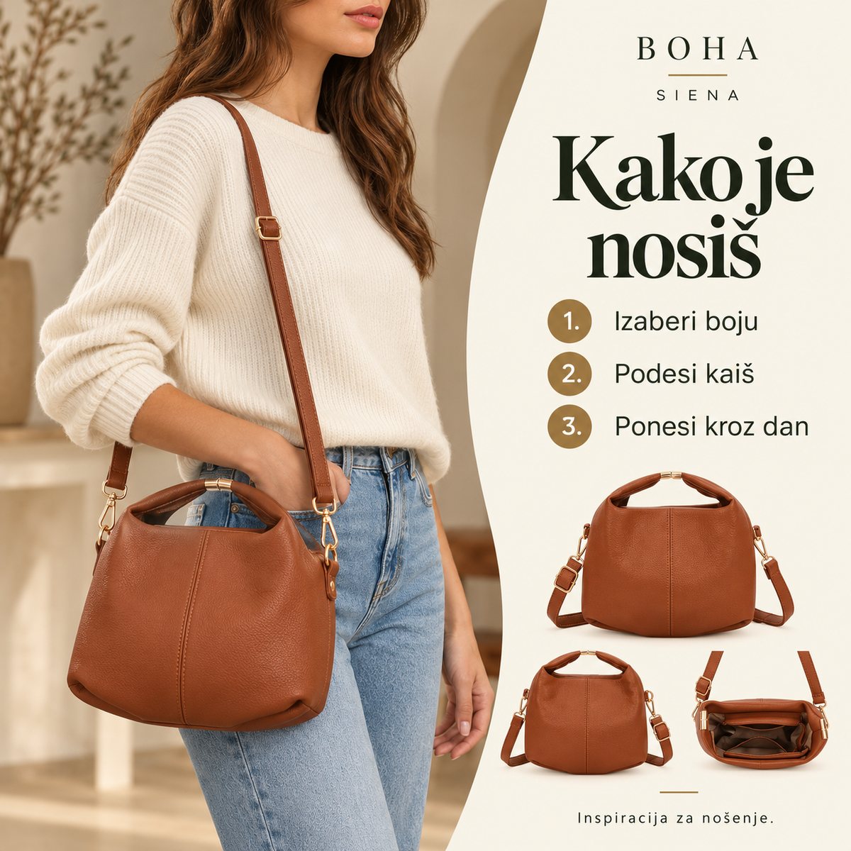 SIENA u karamel boji — primer nošenja sa podesivim kaišem i prikaz detalja modela.
