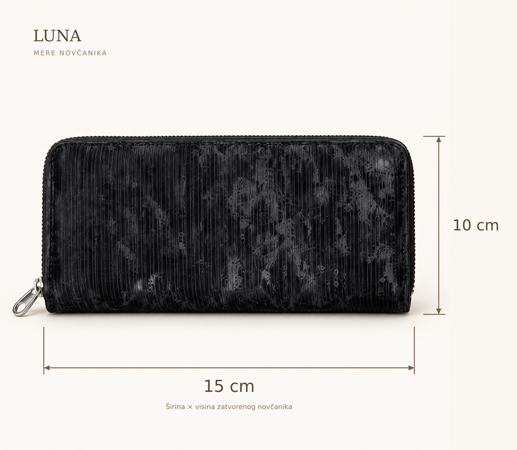 LUNA novčanik – dimenzije: širina 15 cm, visina 10 cm