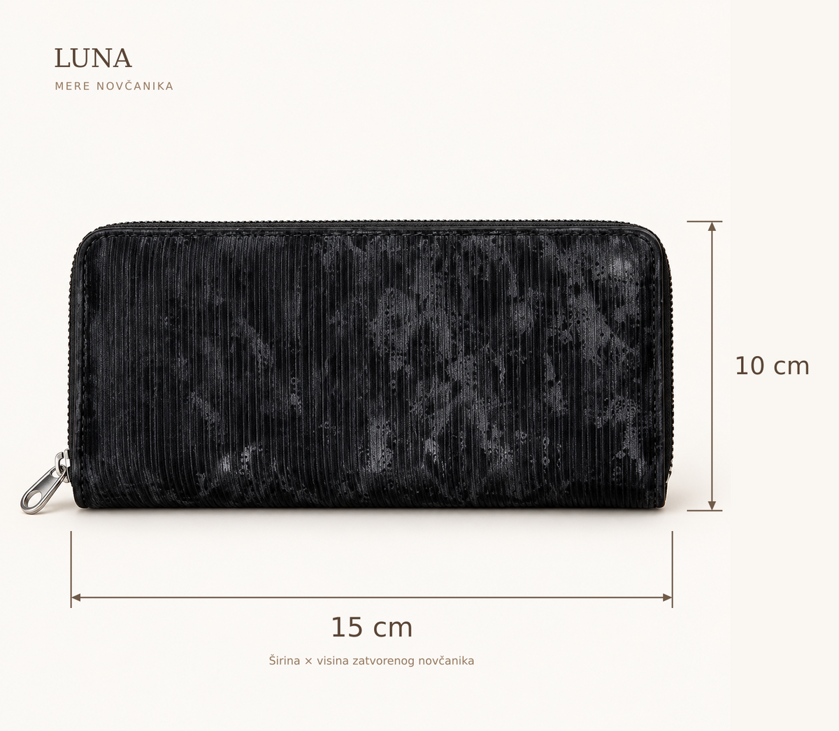 LUNA novčanik – dimenzije: širina 15 cm, visina 10 cm